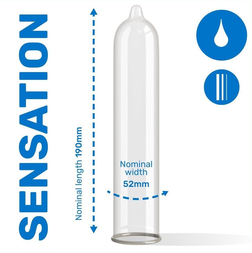Transparante condoom, lengte 190mm, breedte 52mm. Illustraties.