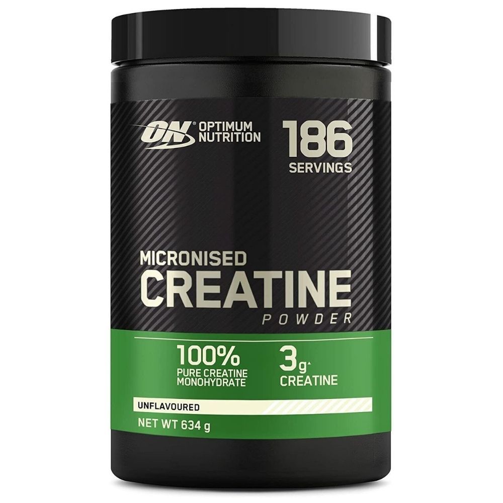 Optimum Nutrition Micronised Creatine Powder: 186 porties, 100% pure creatine monohydraat, 3g creatine per portie, ongeflavoured, 634g.