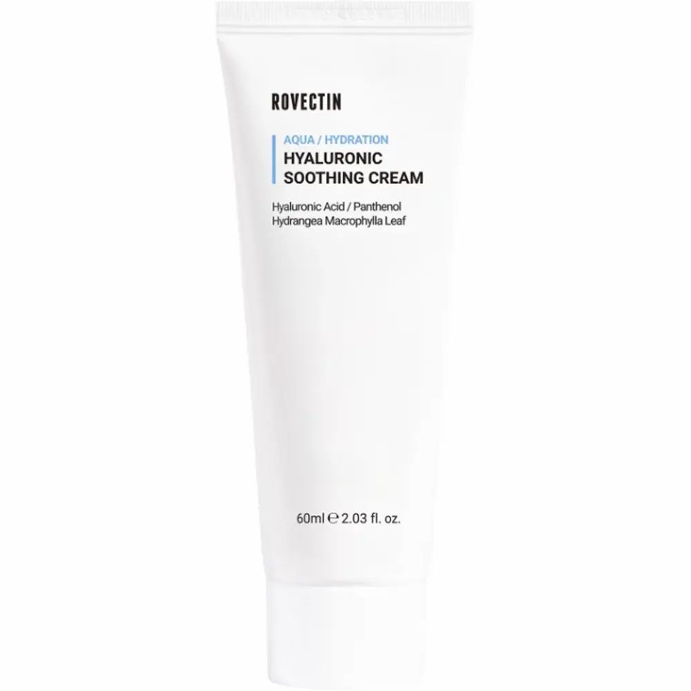 Tube blanche avec texte bleu. Texte: Rovectin, Aqua/Hydration, Hyaluronic Soothing Cream. 60ml/2.03 fl. oz.