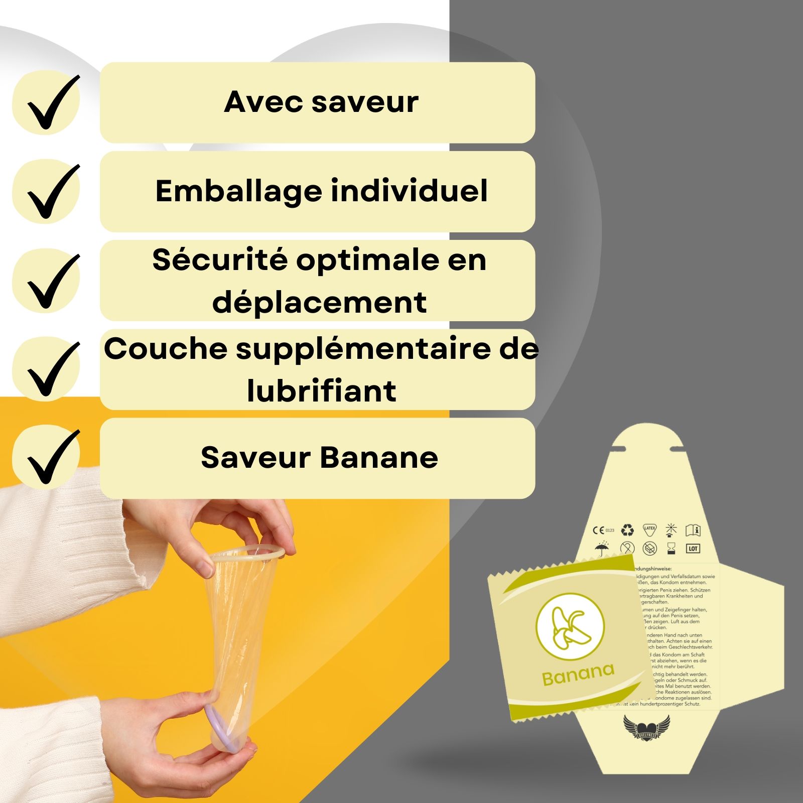 Préservatif, 190mm de long, 52mm de large, emballé individuellement, goût banane.