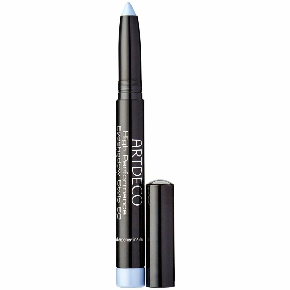 Artdeco High Performance Eyeshadow Stylo. Stylo noir avec extrémité et capuchon bleu clair. Nom du produit et marque visibles.