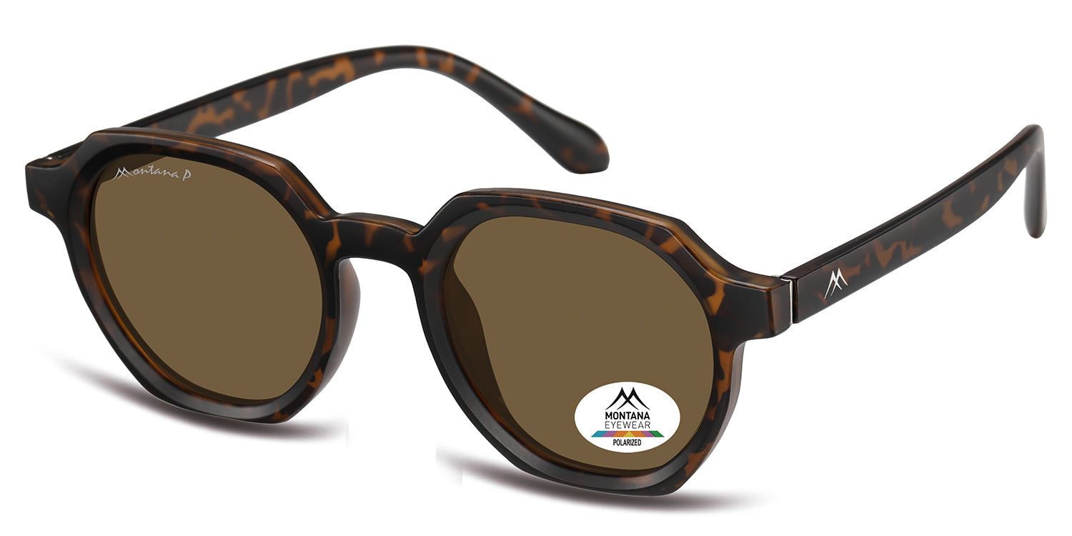 Lunettes de soleil marron avec monture marron. Un autocollant avec le logo Montana Eyewear est apposé sur un verre.