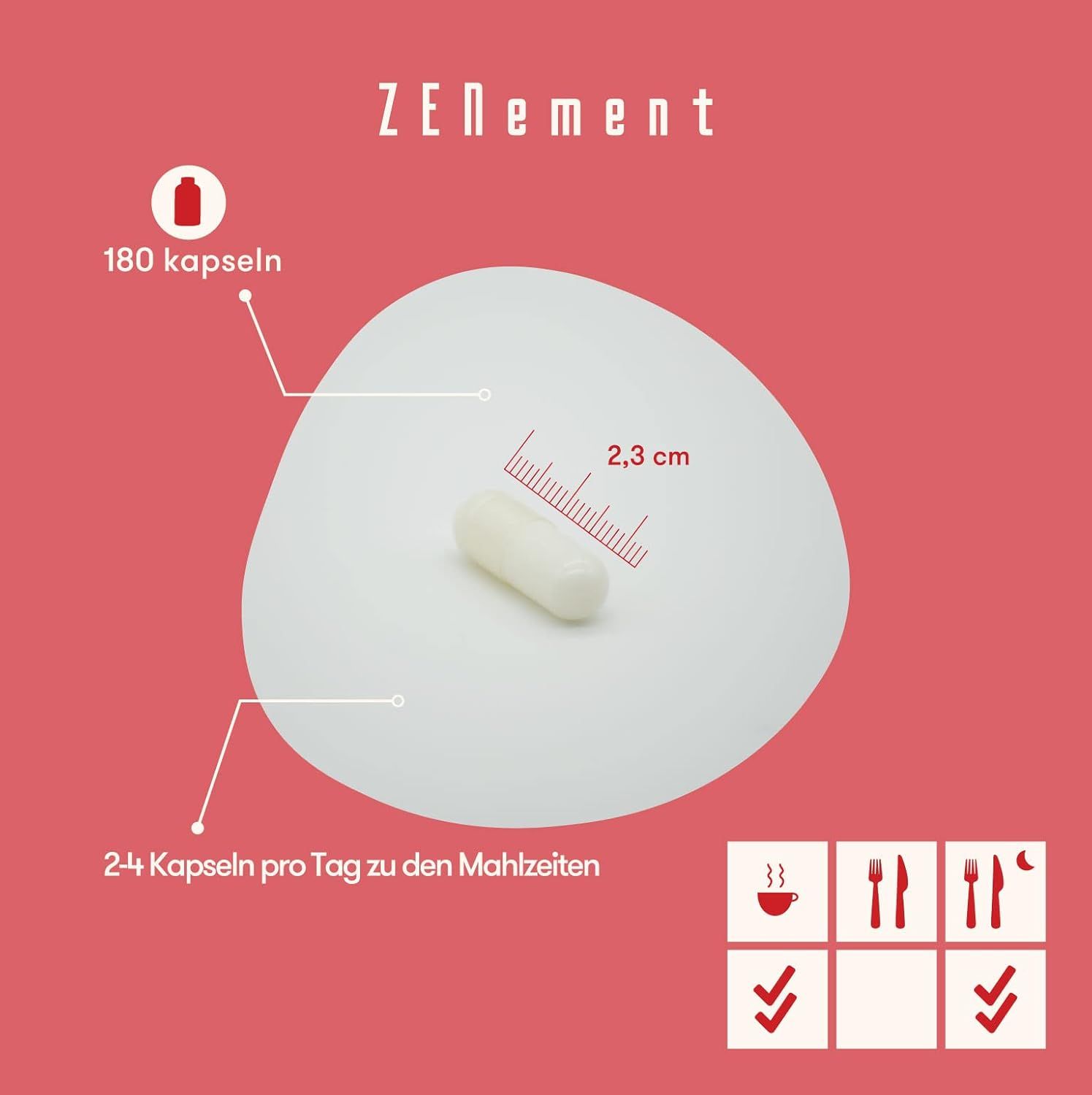 Eén enkele witte capsule met lengteaanduiding (2,3 cm) naast vermelding van 180 capsules.