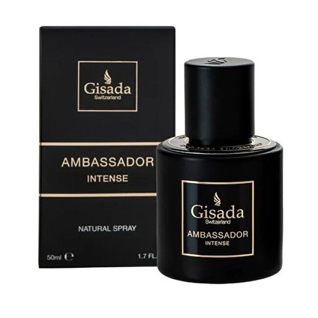 Zwarte fles en doos. Opschrift: Gisada Ambassador Intense. Natuurlijke spray. Gouden tekst.