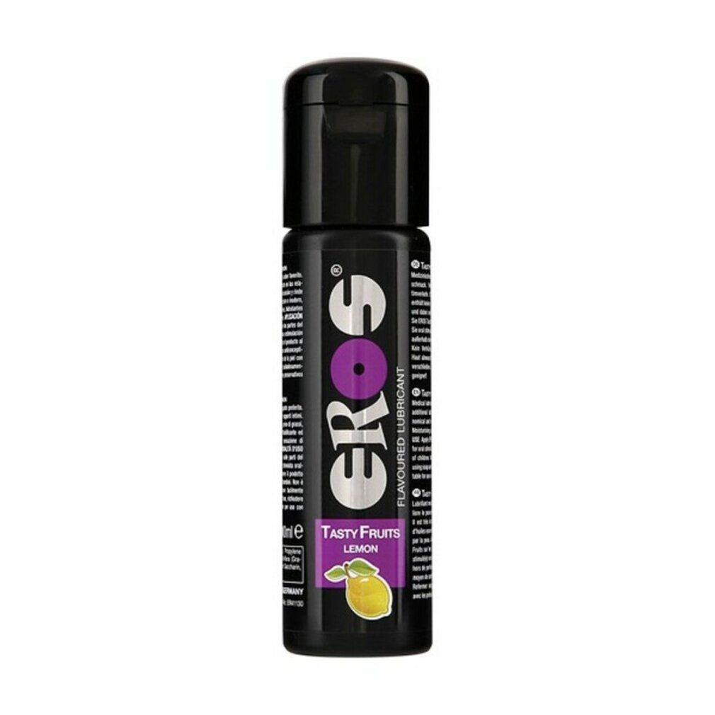 Lubrifiant Eros Tasty Fruits Citron, bouteille noire, bouchon à clapet. Accent violet dans le logo. Illustration de citron en bas.