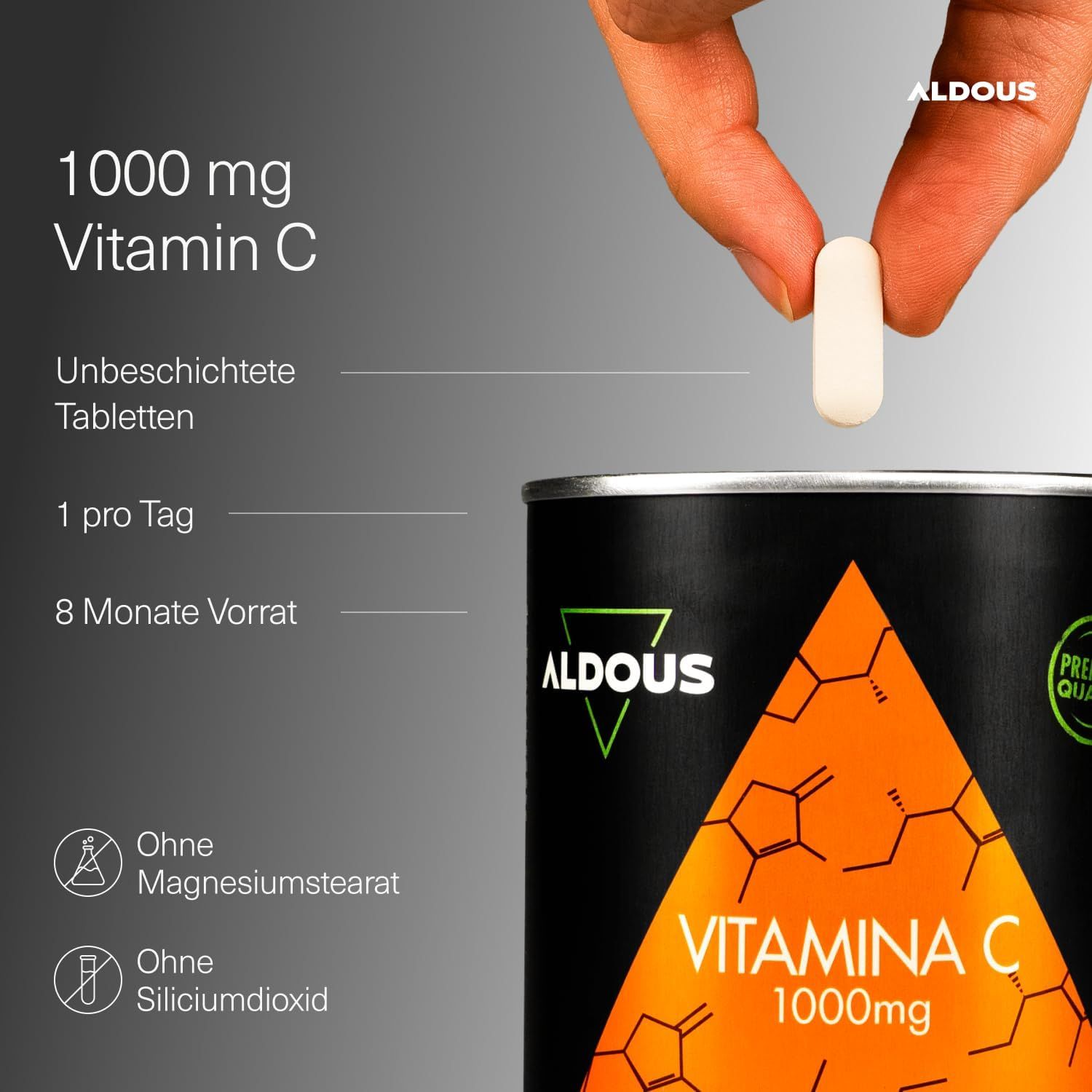 Aldous Vitamine C 1000mg : Comprimé non enrobé tenu par une main. Boîte en arrière-plan. Informations sur la posologie et les ingrédients.