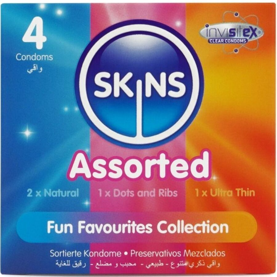 SKINS Assorted condoomverpakking. Bevat 4 condooms, 2x Natural, 1x Dots and Ribs, 1x Ultra Thin. Fun Favourites Collection.
