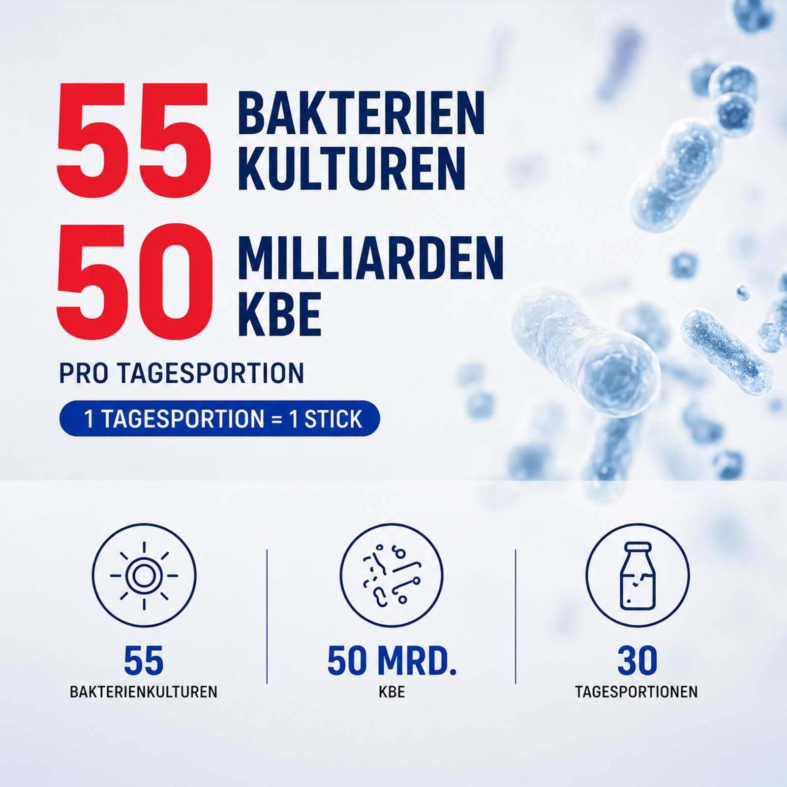 ULTIBIOM 55: 55 bacterieculturen, 50 miljard KBE per dagelijkse portie. Microscopisch zicht op bacteriën.
