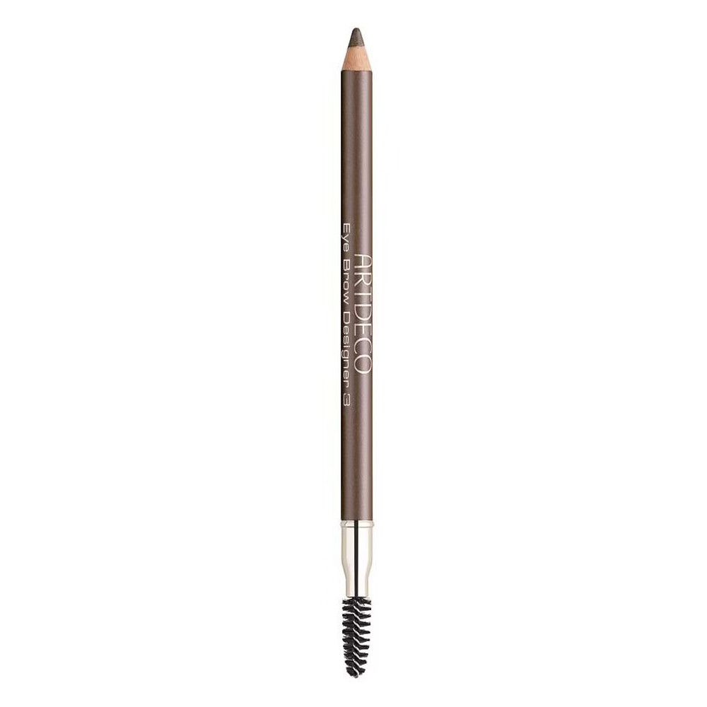 Artdeco Eye Brow Designer 3. Bruin wenkbrauwpotlood met borstel. Zilverkleurige basis. Punt en borstel zichtbaar.