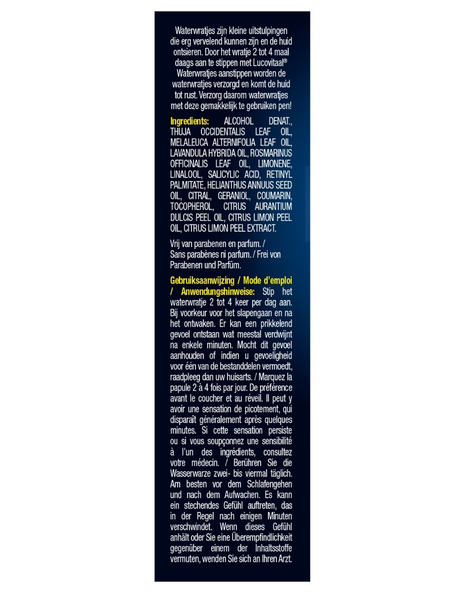 Achterkant van de verpakking met tekst. Bevat informatie over ingrediënten, gebruik en waarschuwingen.