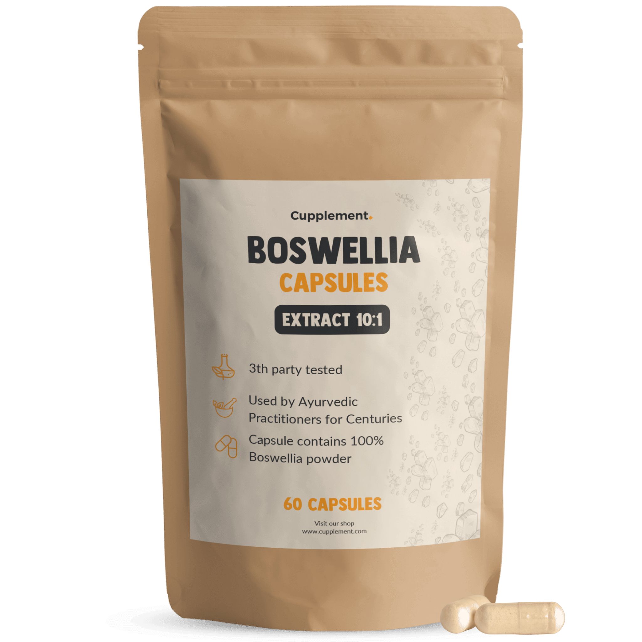 Sachet de gélules. Inscription : Boswellia Capsules, extrait 10:1, 60 gélules. Deux gélules sont à côté.
