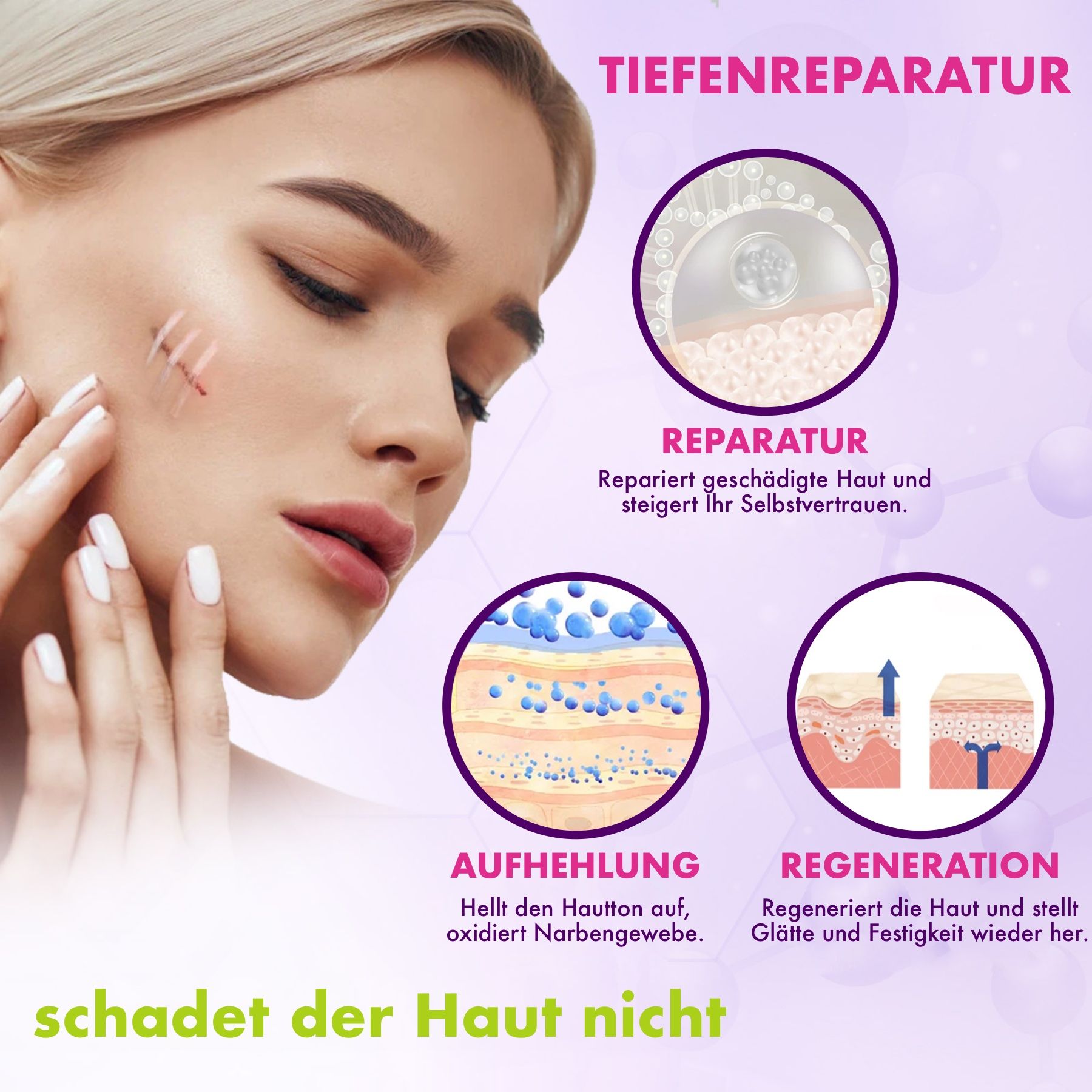 Grafische weergave van diepe huidreparatie. Illustraties van reparatie, oplichten en regeneratie.