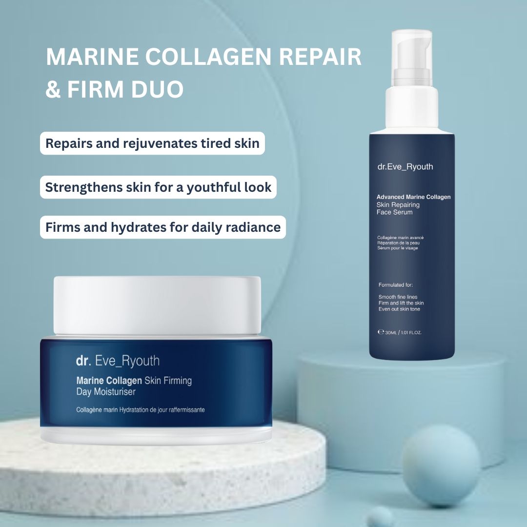 Deux produits cosmétiques : pot de crème et flacon de sérum, avec logo "dr. Eve_Ryouth". Placé sur un piédestal, avec texte sur Marine Collagen Repair & Firm Duo.