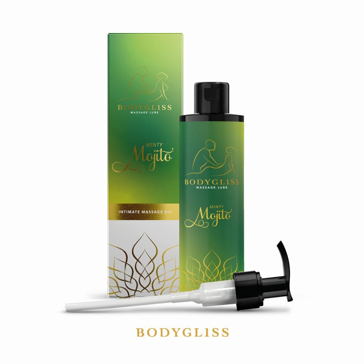 Flacon et emballage. Flacon: Bodygliss, Minty Mojito. Emballage: Minty Mojito, Intimate Massage Oil. Pompe.