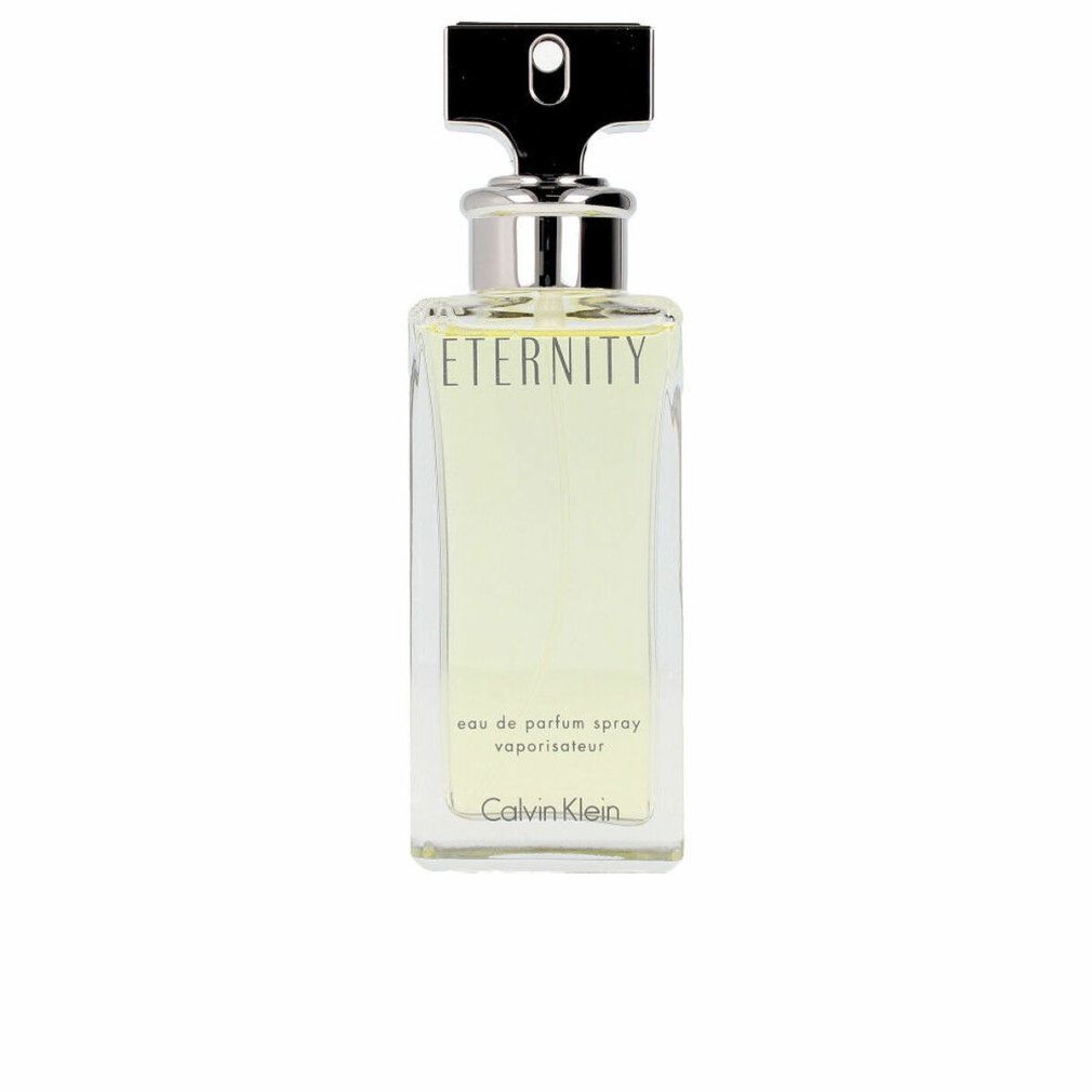 Flacon rectangulaire avec bouchon argenté. Inscription 'Eternity' et 'Calvin Klein'.