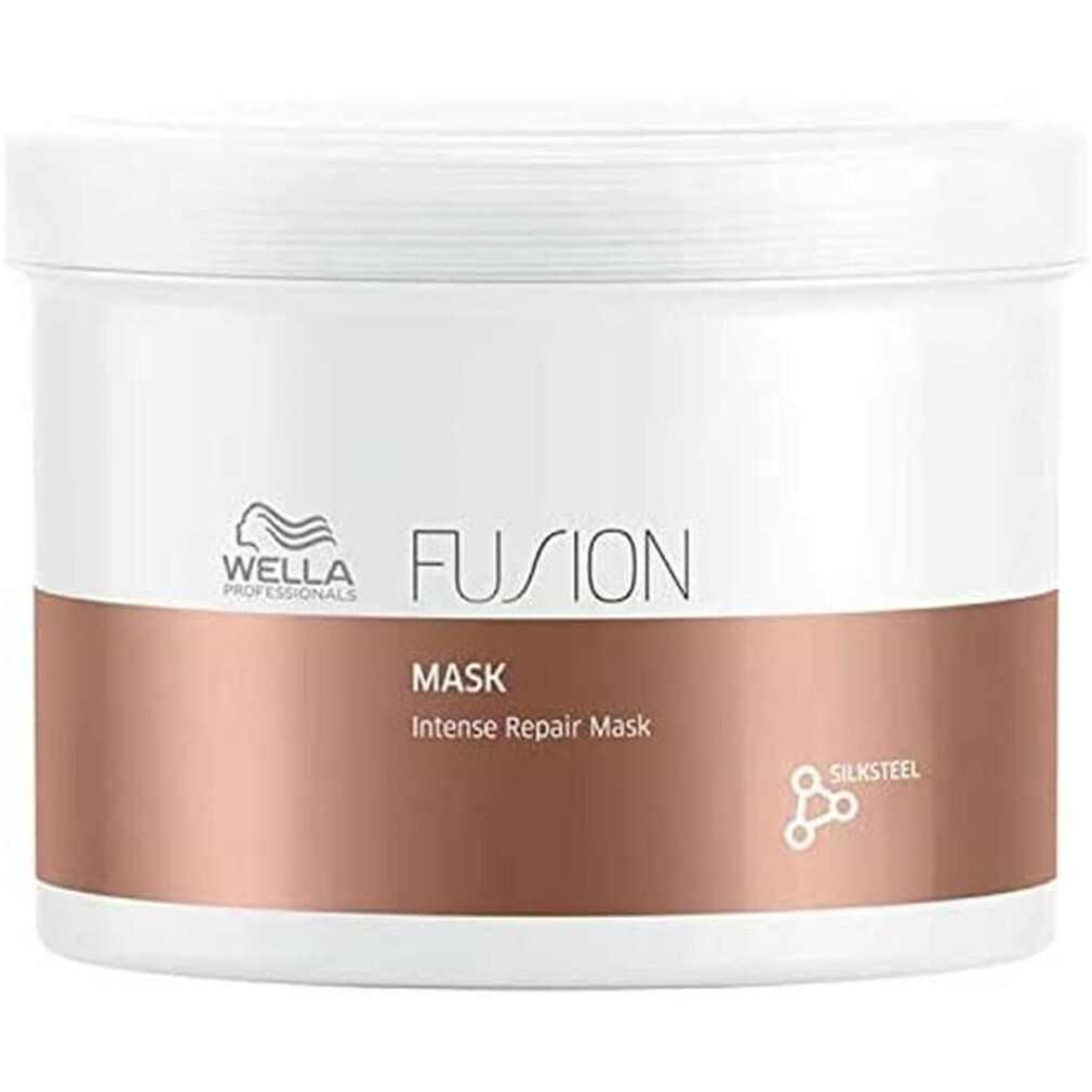 Witte pot met koperkleurige band. Opschrift: FUSION Mask, Intense Repair Mask. Logo: Wella Professionals.