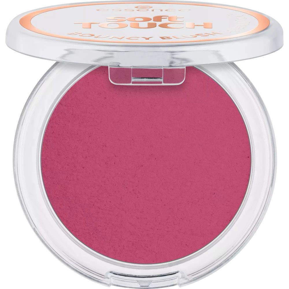 Boîtier rond de blush rose. Couvercle ouvert, nom du produit visible.