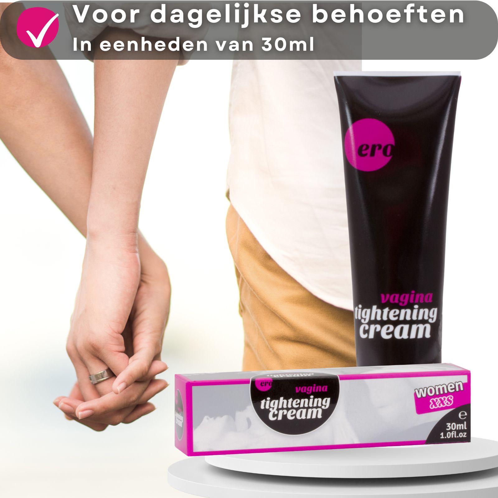 Tube en doos. Opschrift: vagina tightening cream. Merk: ero. Verpakking: 30ml.