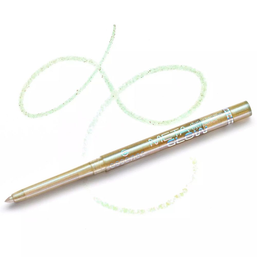 Kajalpotlood met streepjes. Het potlood is goudkleurig. Op het potlood staat "essence META GLOW".