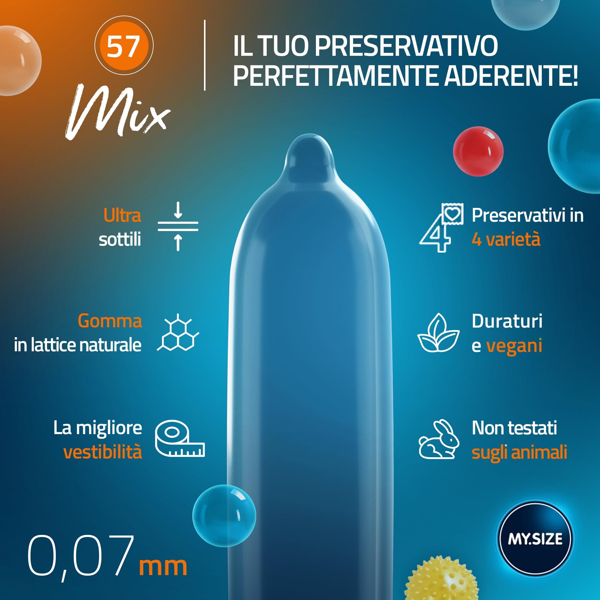 MY.SIZE condoom, maat 57mm. Zeer dun, van natuurlijk latex, 0,07mm dik. CE-gecertificeerd, vegan, dierproefvrij.