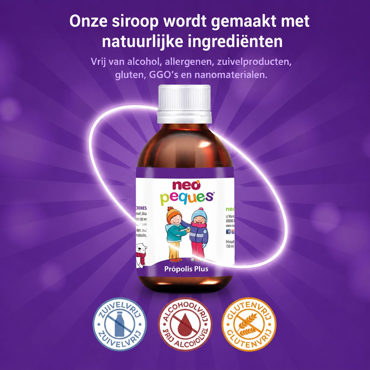 Bruine glazen fles met witte dop. Etiket met kinderen en "neo peques" logo. "Propolis Plus" onderaan.