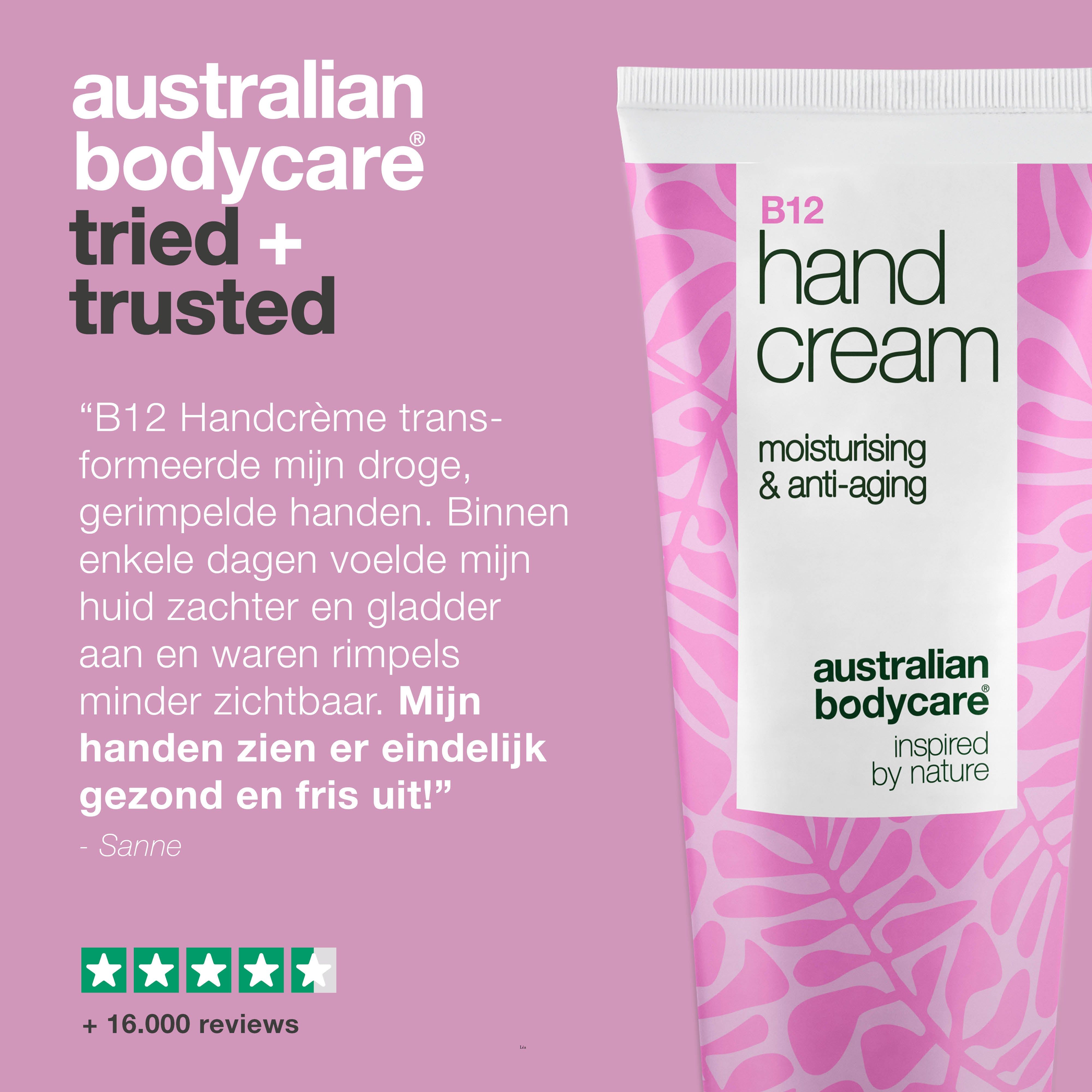Handcrème B12, hydraterend en anti-aging. Roze design met bladeren. Merk: Australian Bodycare. Tekst: Getest en vertrouwd.