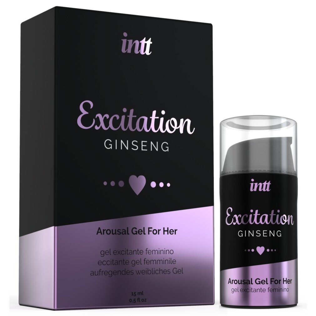 Zwarte verpakking en fles. Opschrift: Excitation Ginseng. Tekst: Arousal Gel For Her. 15 ml. Fles met pomp.