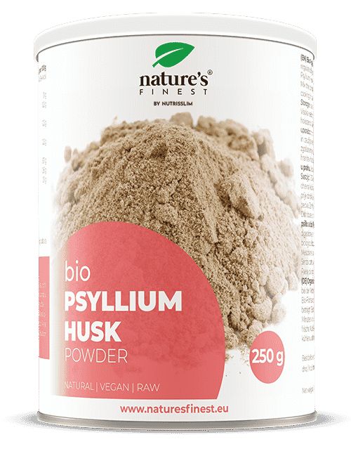 Boîte de poudre de psyllium bio Nature's Finest. Étiquette rouge avec nom du produit et 250g. Végétalien, cru.