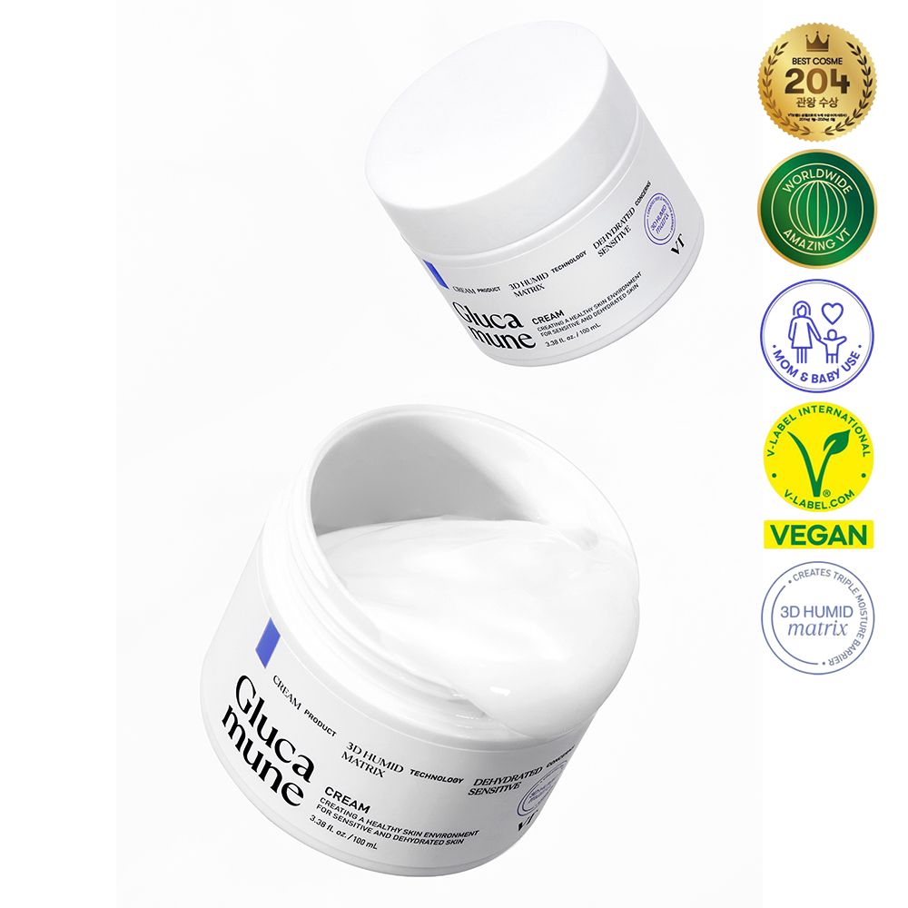 Twee witte crèmepotten met deksels. Opschrift Glucamune Cream. Vegan-zegel en andere certificeringen.