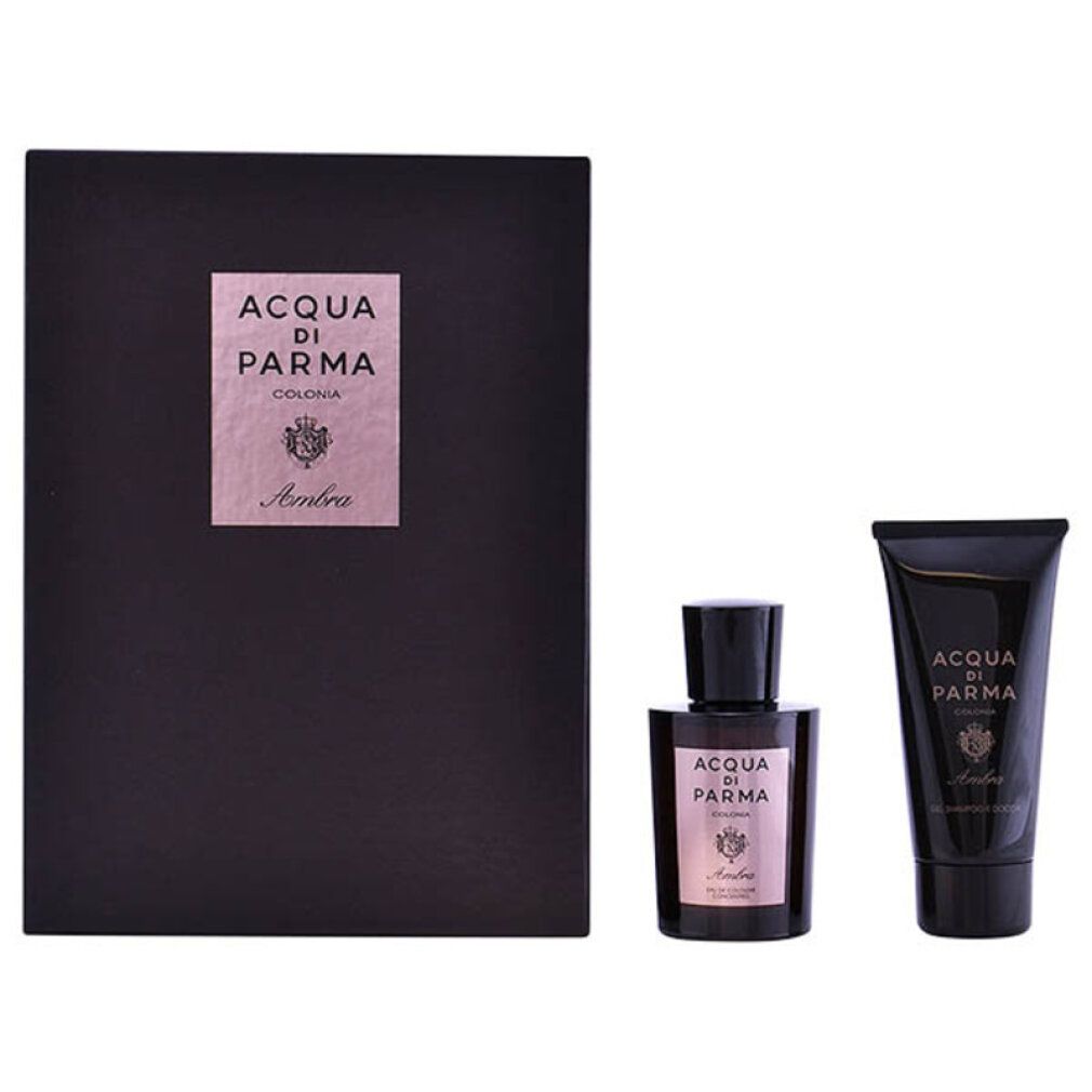 Cadeauset met fles, douchegel en doos. Opschrift: Acqua di Parma Colonia Ambra.