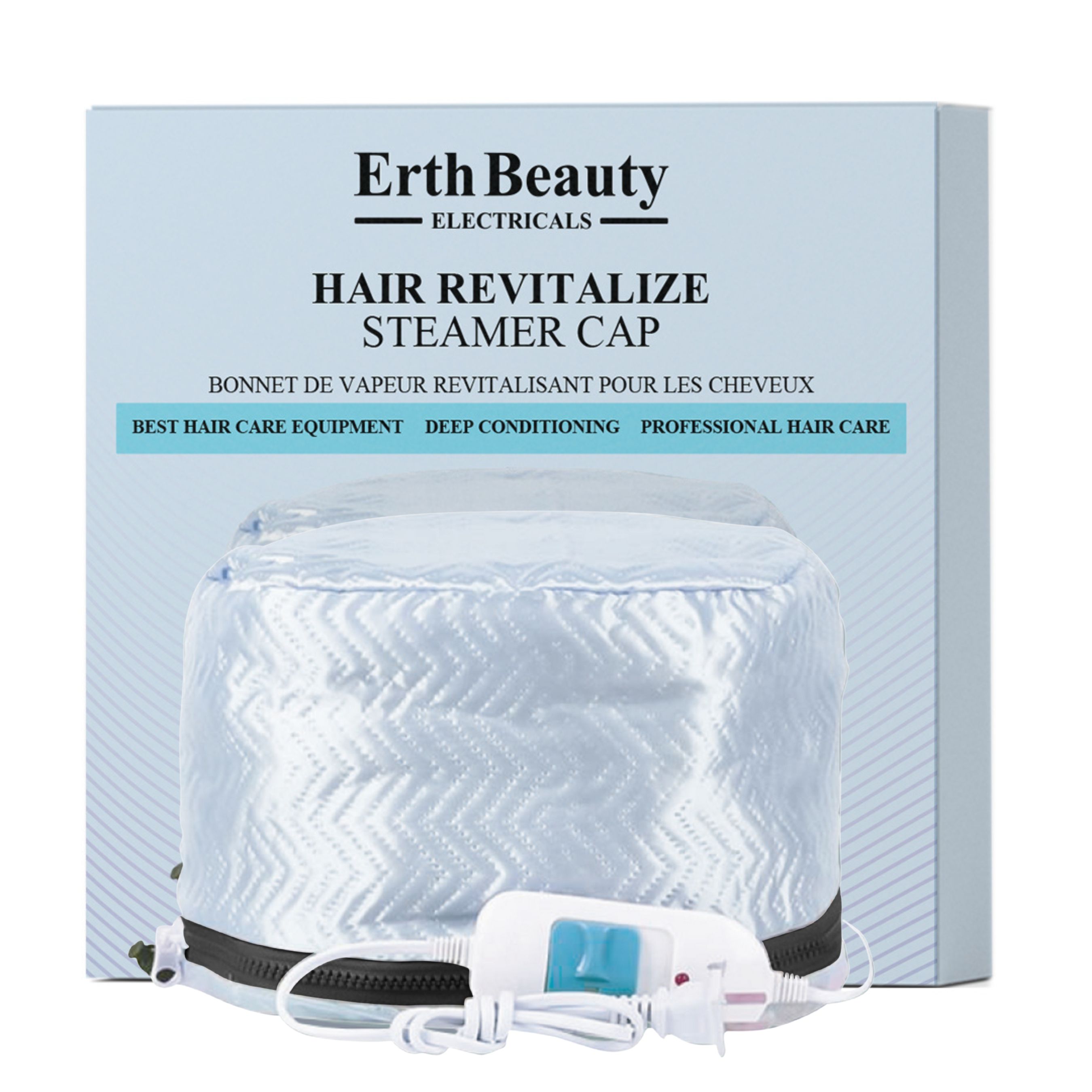 Emballage et hotte à vapeur électrique pour soins capillaires, marque 'Erth Beauty'.