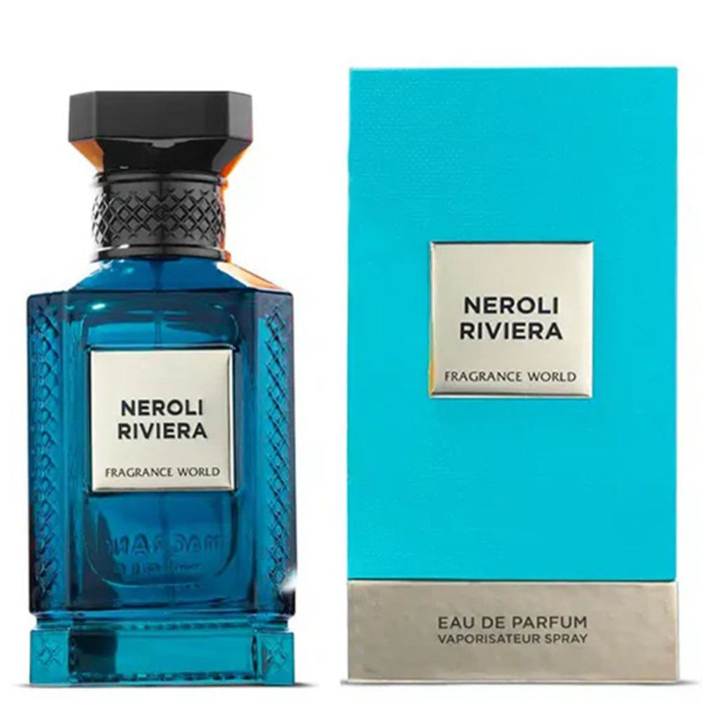 Flacon de parfum bleu et boîte. Inscription : Neroli Riviera, Fragrance World. Eau de Parfum, Vaporisateur Spray.