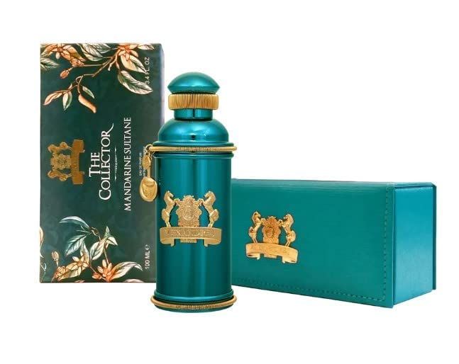 Fles Alexandre.J The Collector Mandarine Sultane Eau de Parfum en een groene leren doos.
