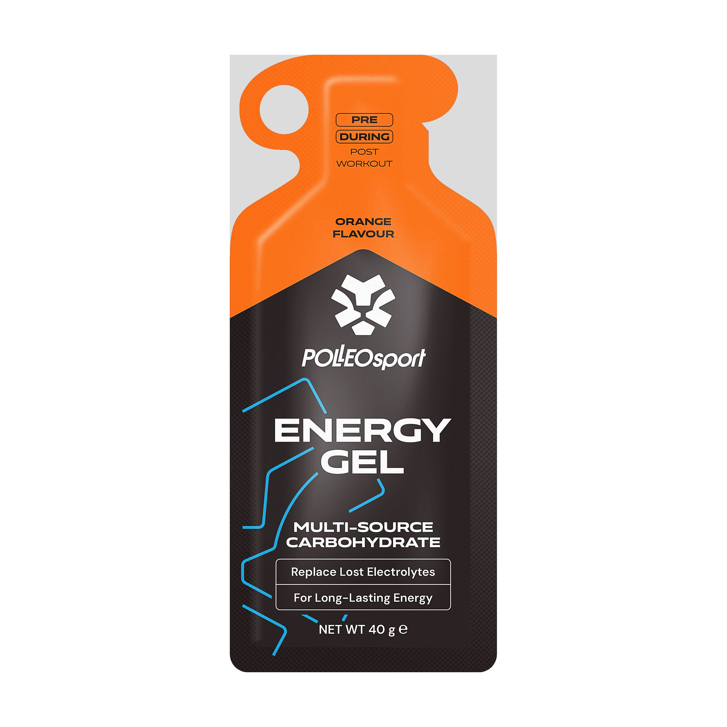 Sachet de gel orange. Texte: "Orange Flavour", "Energy Gel", "Multi-Source Carbohydrate". Marque: PolleoSport.