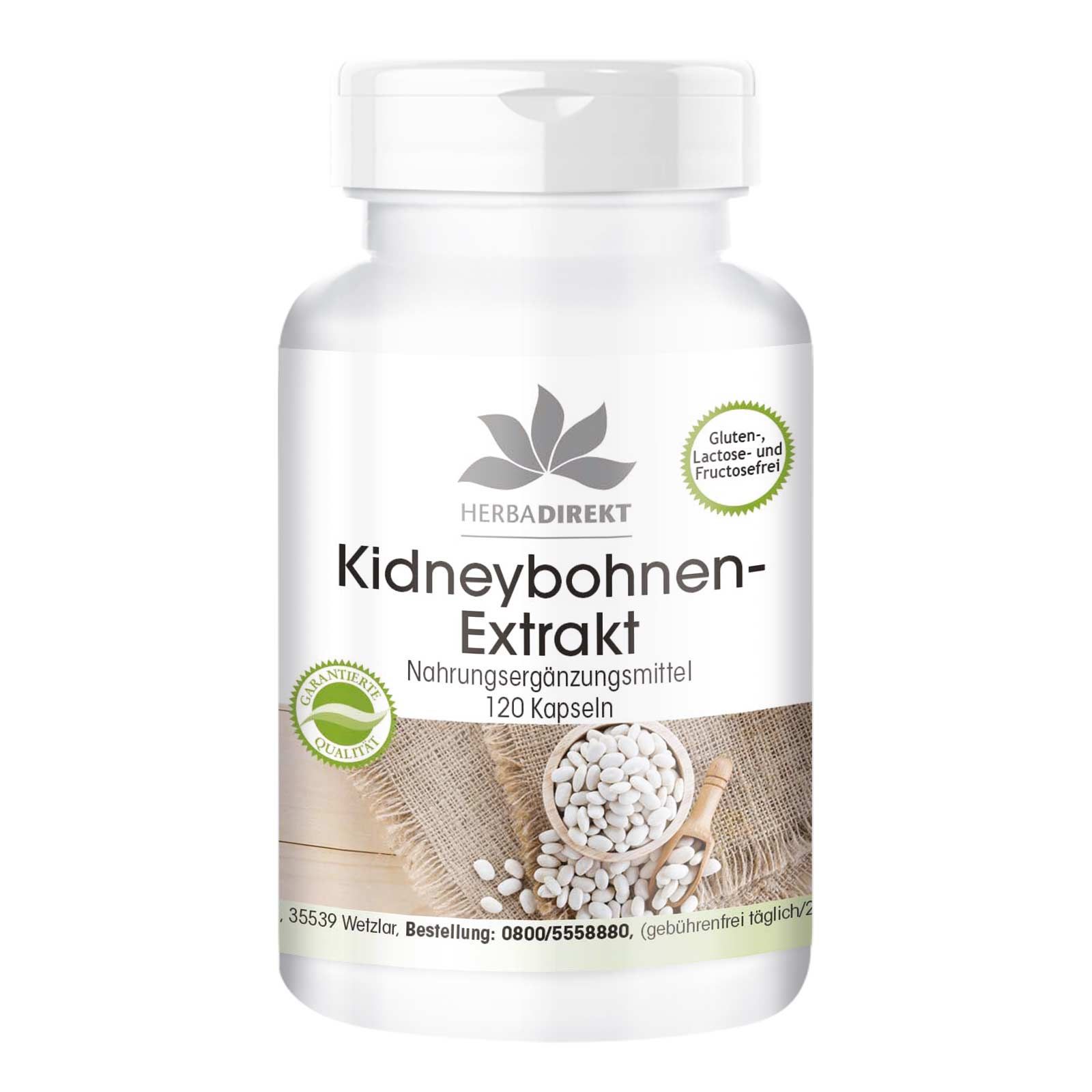 Flacon blanc de gélules. Inscription: Kidneybohnen-Extrakt. Logo Herbadirekt. Sans gluten, lactose et fructose.
