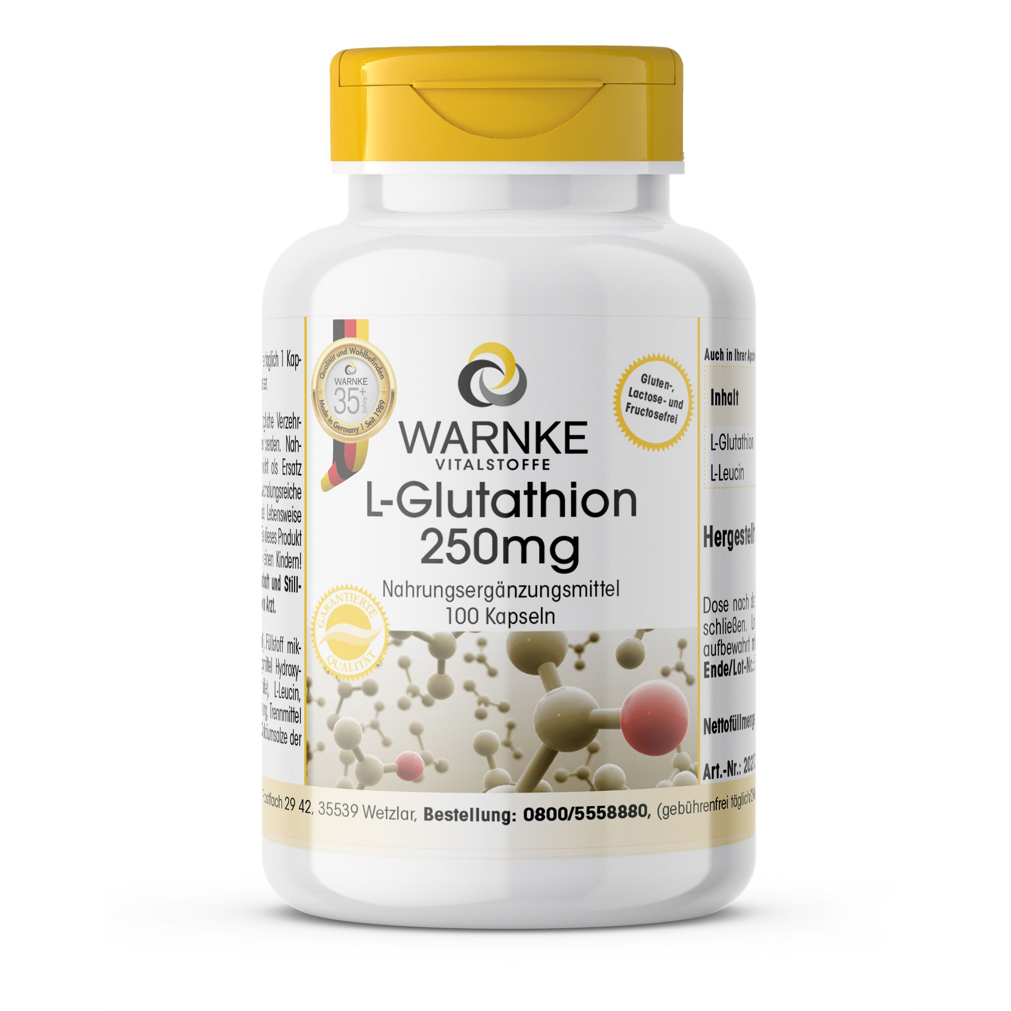 Flacon blanc à bouchon jaune. Inscription: Warnke Vitalstoffe L-Glutathion 250mg, 100 gélules. Complément alimentaire.