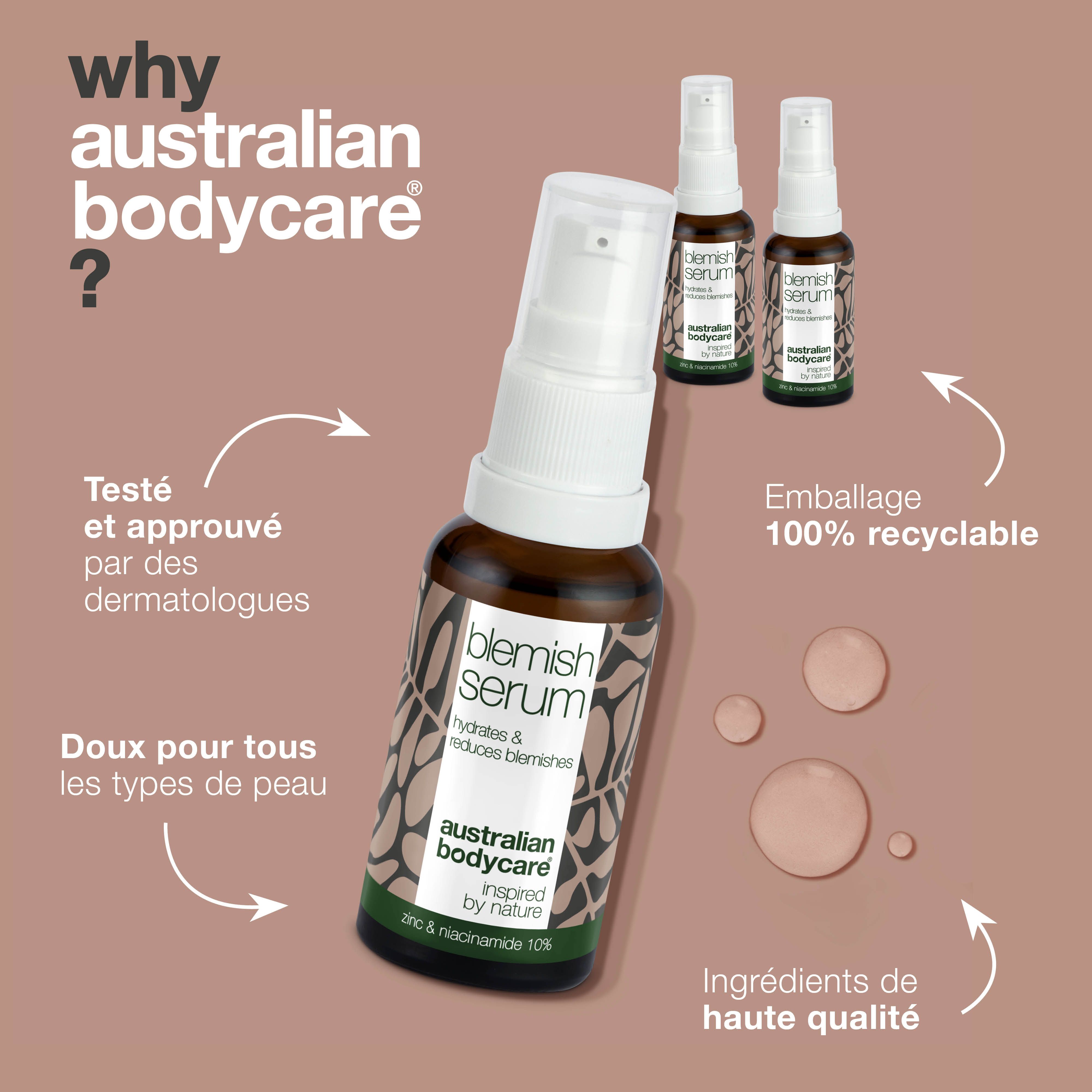 Flacon de sérum et deux autres. Texte : Pourquoi Australian Bodycare ? Logo : Australian Bodycare.
