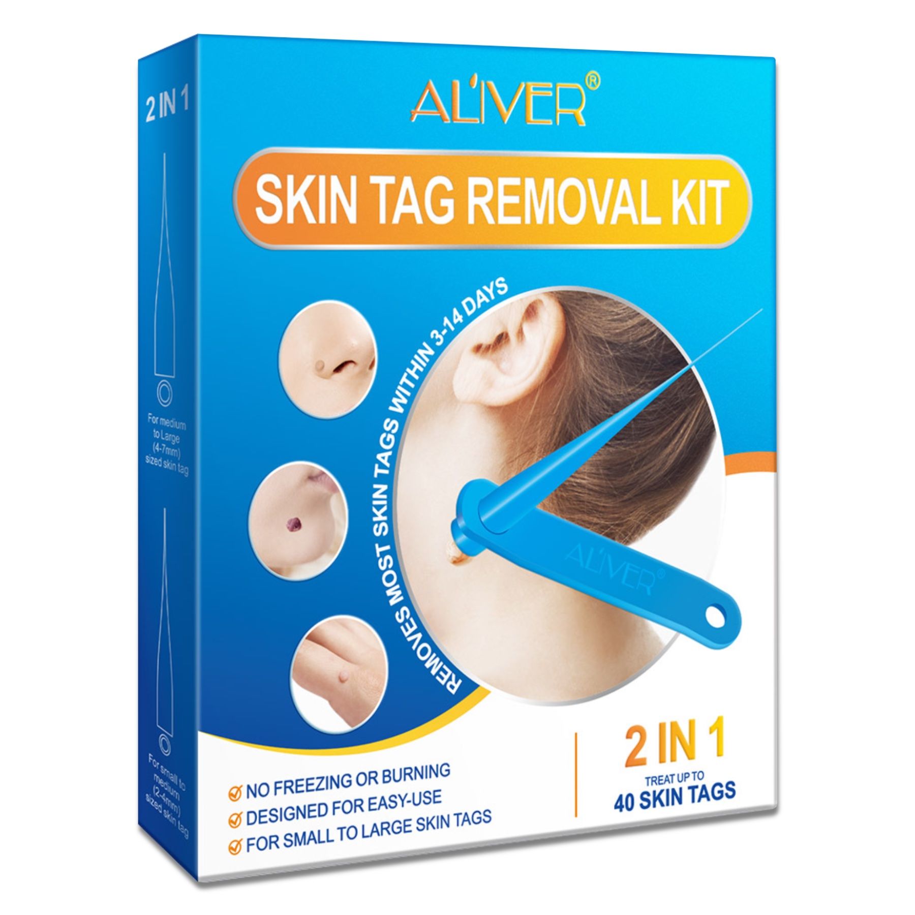 Boîte bleue avec image et texte du produit. Contient un kit d'élimination des étiquettes de peau 2 en 1. Marque : ALIVER. Contient jusqu'à 40 étiquettes de peau.