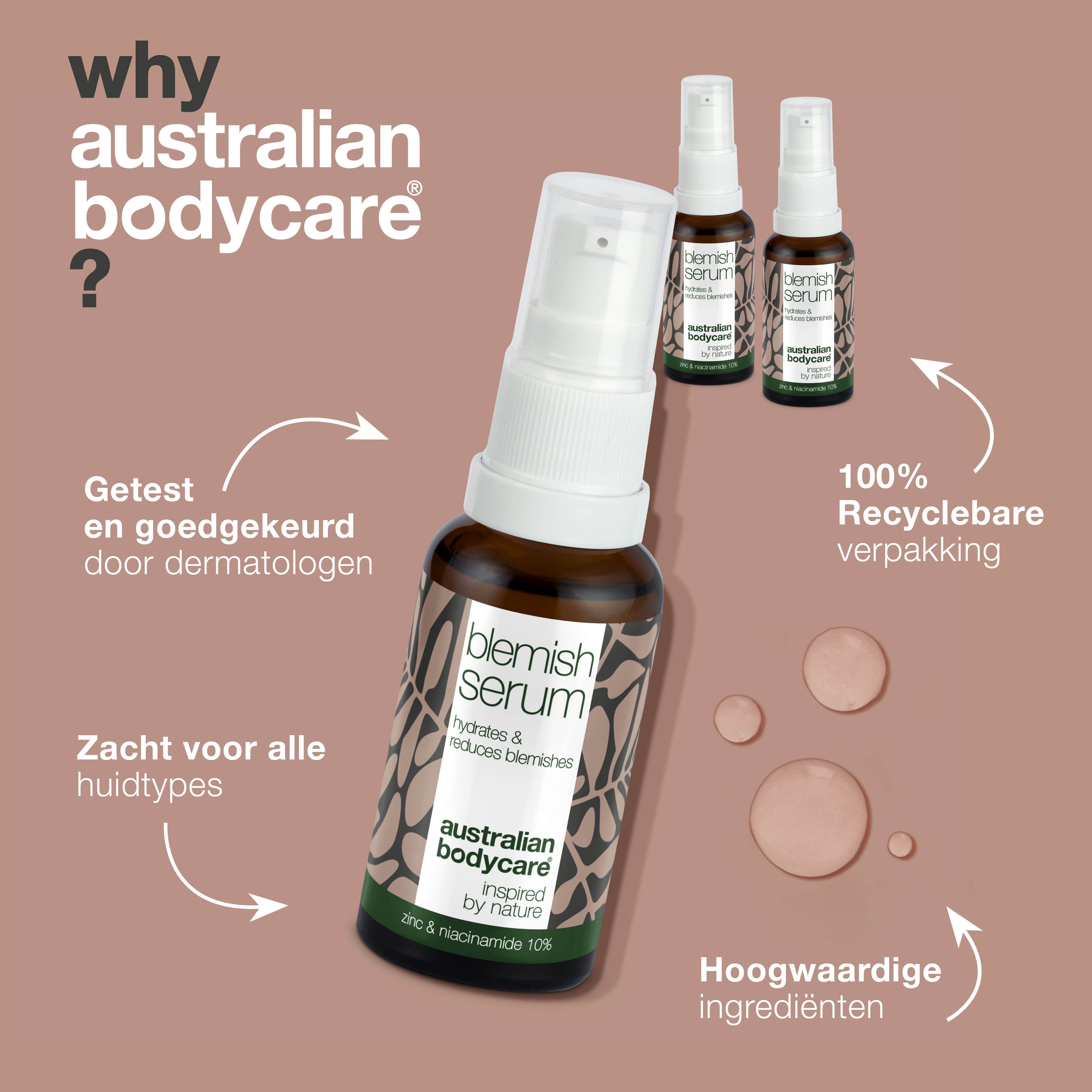 Serumfles en twee andere. Tekst: Waarom Australian Bodycare? Logo: Australian Bodycare.