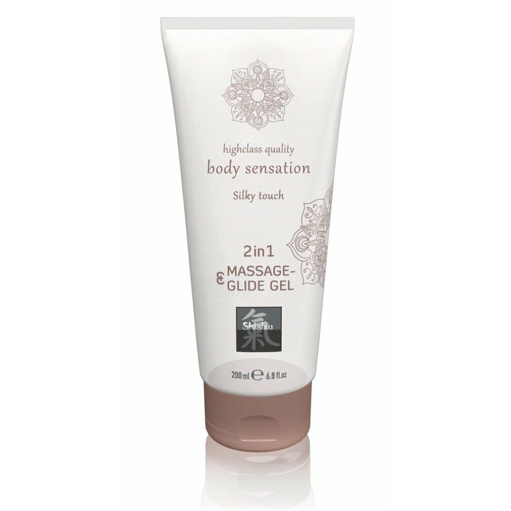 Gel de massage et de glisse 2 en 1, toucher soyeux, tube 200ml avec motif asiatique.