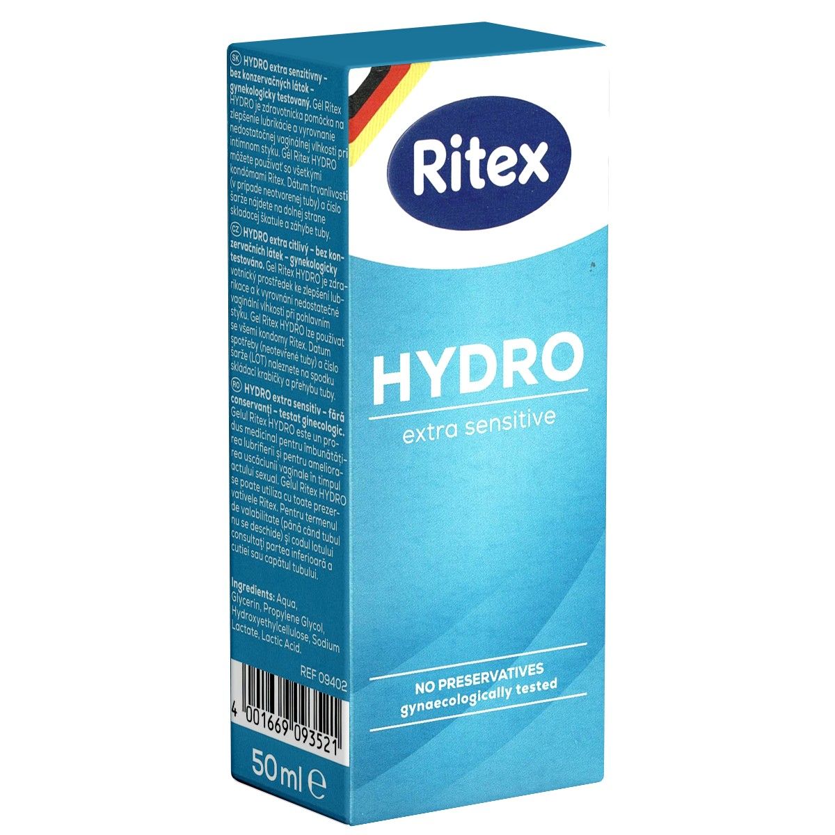 Blauw-witte verpakking. Logo en tekst Ritex bovenaan. Daaronder HYDRO extra sensitive. Onderaan 50ml en barcode.