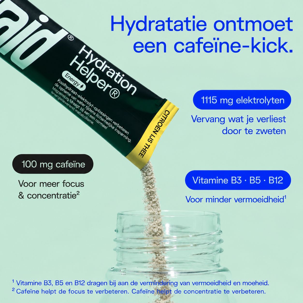 Hydraid Hydration Helper stick met elektrolyten, cafeïne en vitamines voor energie.
