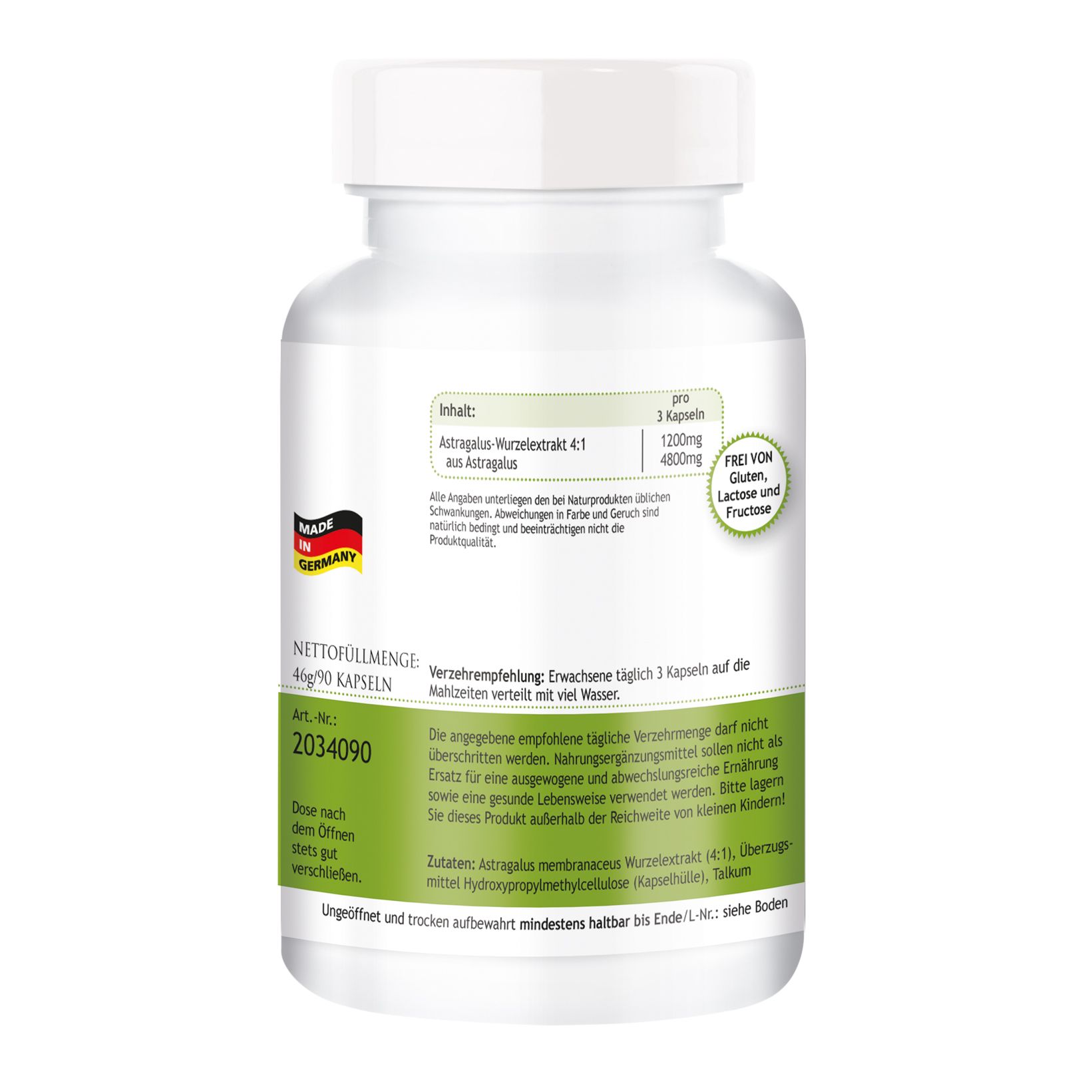 Flacon blanc de gélules. Inscription: ASTRAGALUS-EXTRAKT, Herbadirekt. Fabriqué en Allemagne. Informations sur les ingrédients.
