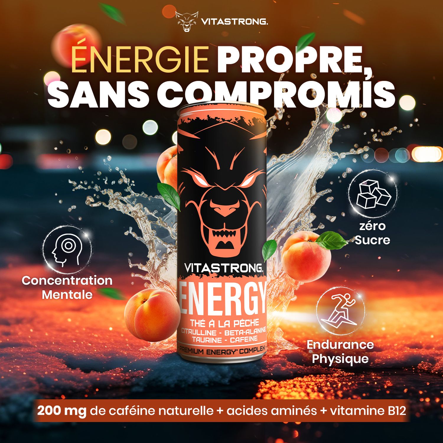 Blikje perzikt thee met water. Tekst: Energie, zonder compromissen. Afbeeldingen: perziken, kubussen, concentratie, uithoudingsvermogen.