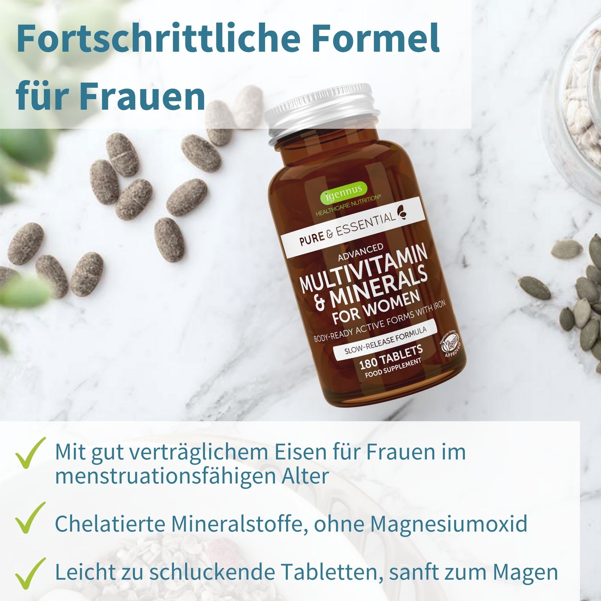 Bruine glazen fles met multivitaminepillen voor vrouwen, met ijzer. Losse pillen ernaast.