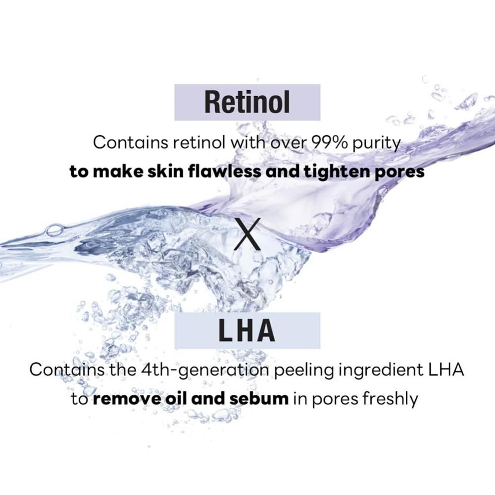 Texte avec les mots Retinol et LHA. Contient des informations sur les ingrédients et leurs effets sur la peau.