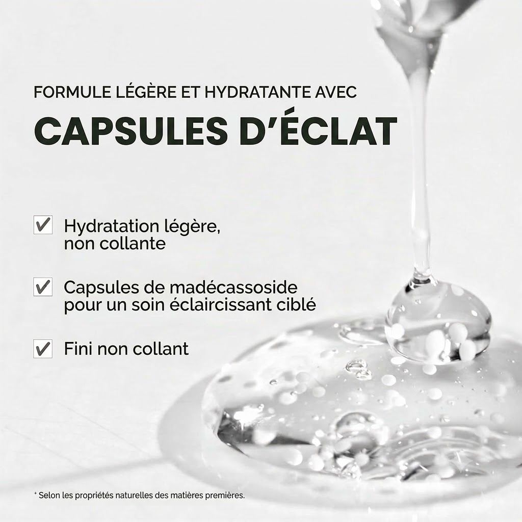 Formule légère et hydratante avec capsules éclaircissantes.