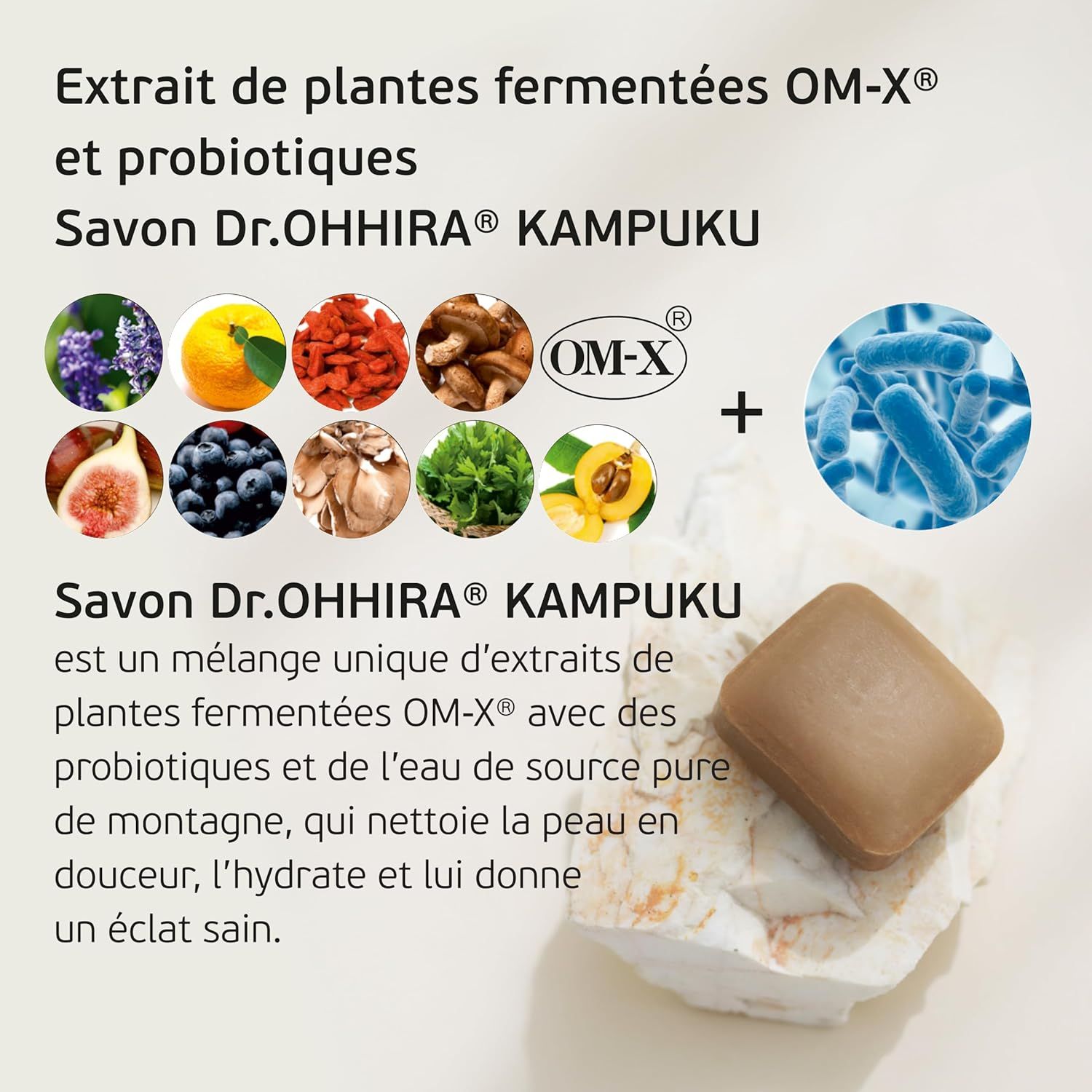Savon Dr.OHHIRA® Kampuku avec extraits de plantes fermentées et probiotiques.