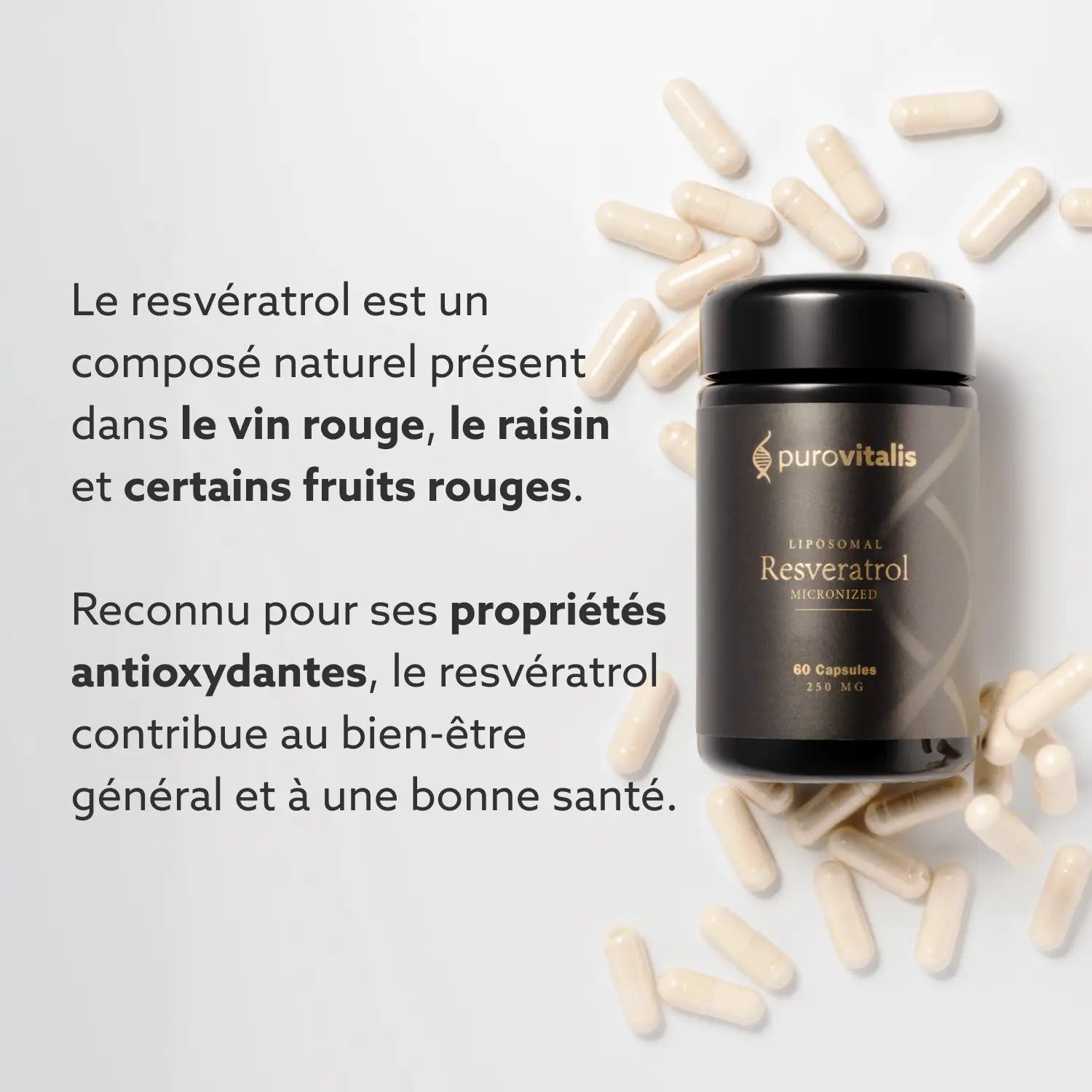Capsules et flacon avec texte: Purovitalis, Resveratrol Liposomal, 60 capsules, 250 mg. Texte.