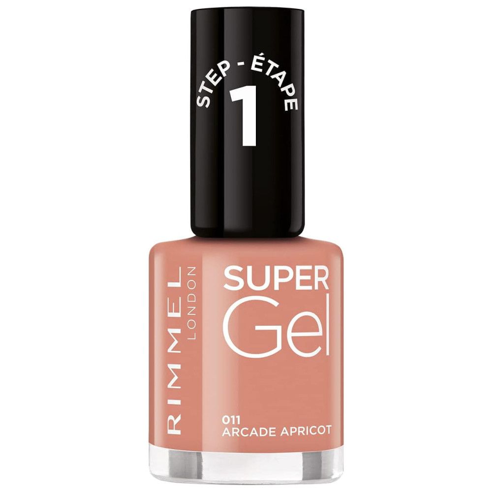 Flacon de vernis à ongles avec bouchon fermé. Inscription "Rimmel London Super Gel". Teinte "011 Arcade Apricot".